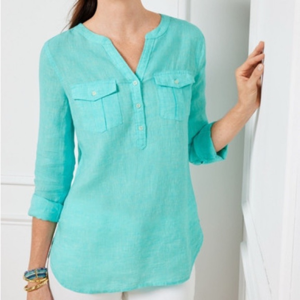 Talbots Linen Camp Popover Shirt Aqua Sz 2X coastal minimalist